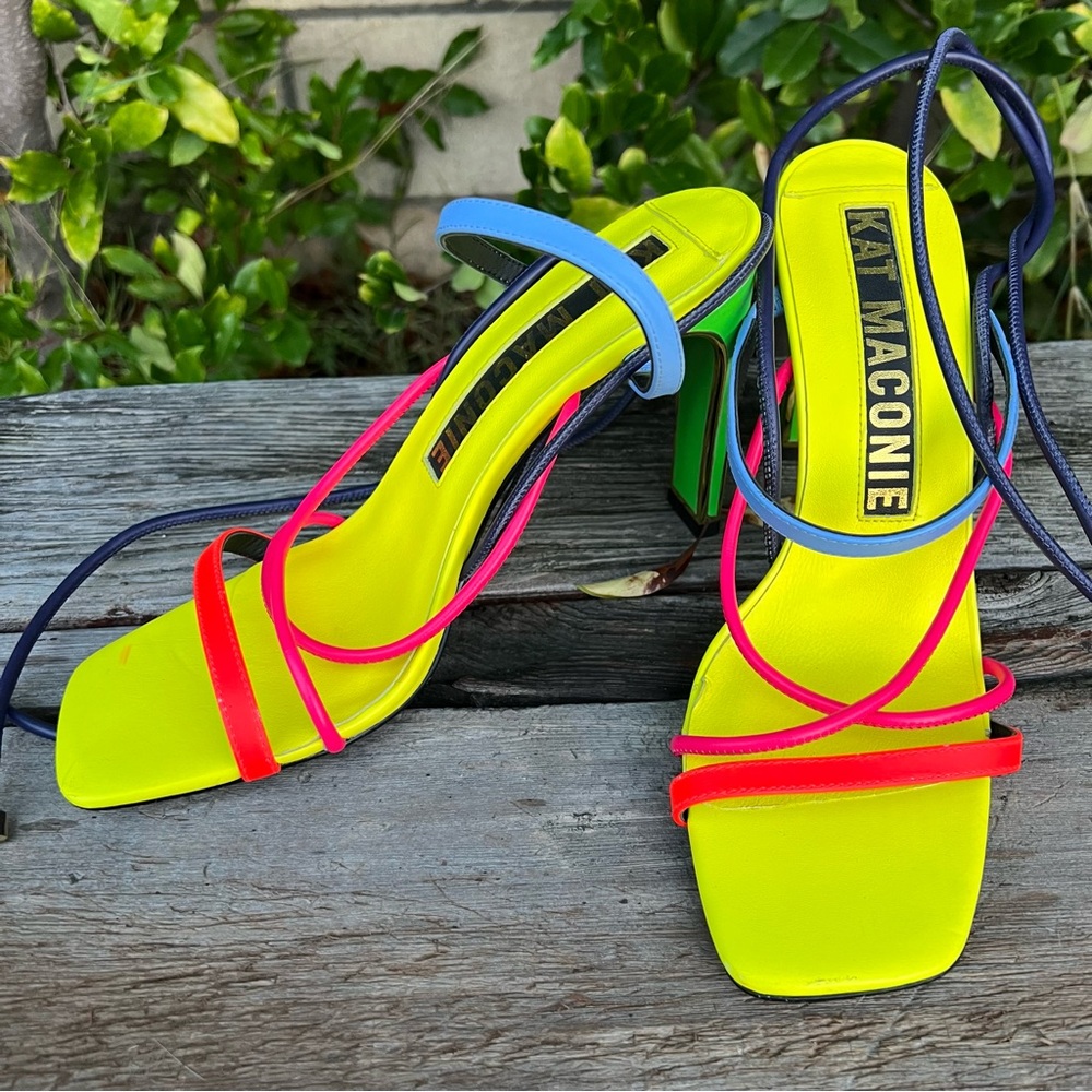Kat Maconie Ashleigh Neon Yellow Pink Strappy Heels - Picture 7 of 14